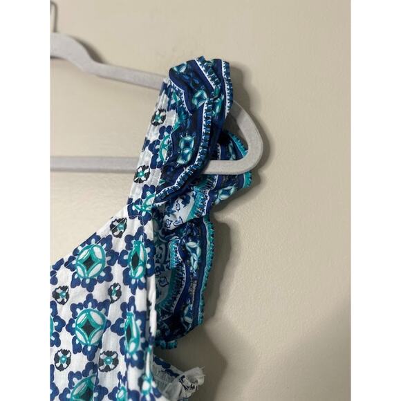 Lucky Brand Maxi Dress Long Smocked Tiered White Turquoise Ruffle Boho Medium - Picture 4 of 14